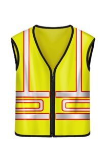 Yellow safety vest with reflective stripes, uniform for construction works, drivers and road workers. Vector realistic 3d waistcoat with reflectors in front and side view isolated on white background