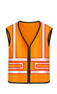 Safety vest front, side and back view, orange sleeveless jacket with reflective stripes for road works, waistcoat mockup with fluorescent protective design elements Realistic 3d vector mock up, set
