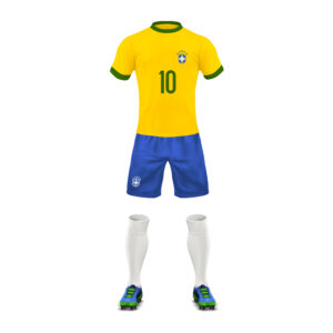 Vector realistic soccer uniform of a Brazil team, set of sports wear, shirt, shorts, socks and boots, isolated on background. Mockup of Brazilian football outfit in colors of national flag, front view