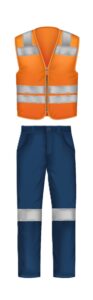 Workwear uniform realistic set with isolated icons of overall orange vest trousers protective gloves and eyeglasses vector illustration